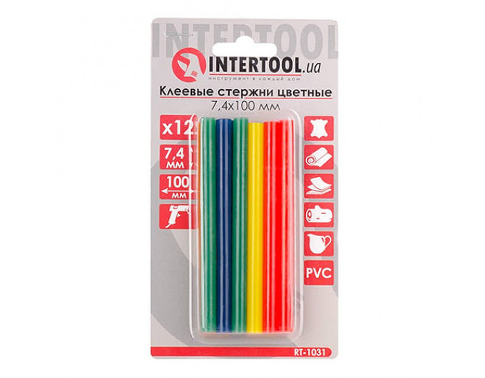 стрижні клейові INTERTOOL - d-7,4мм, L-100мм, кольорові 12 шт/уп.